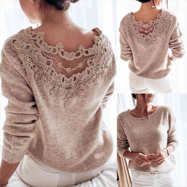 

elegant lace patchwork backless sweaters for women long sleeve pullovers ladies autumn winter knitted sweater fashion, White;black