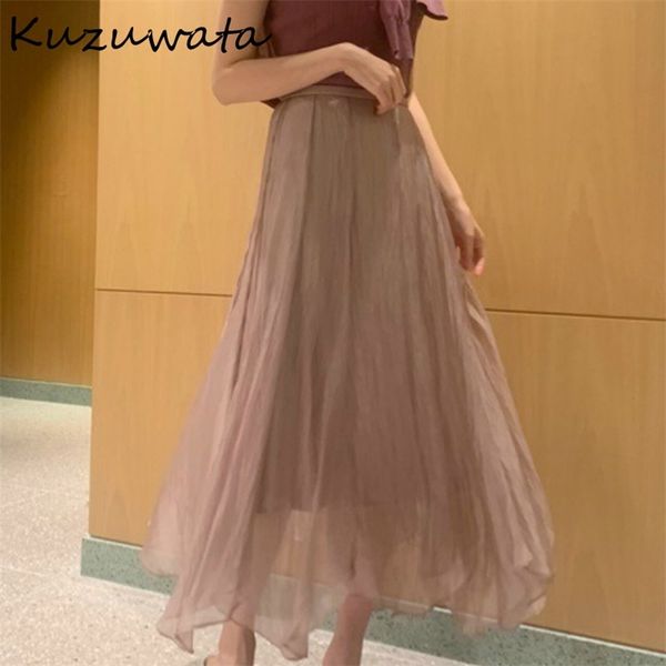 

kuzuwata stretch waist irregular big swing skirt spring fresh aesthetic jupe solid color sweet all-match women skirts 210708, Black