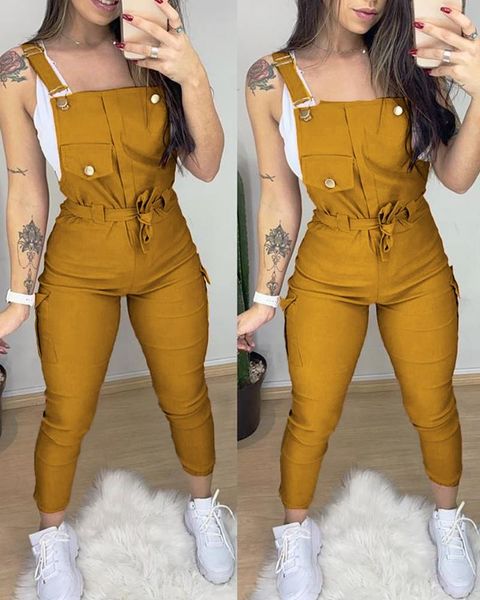 

women buckled pocket design solid suspender jumpsuit bodycon jumpsuit one piece, Black;white