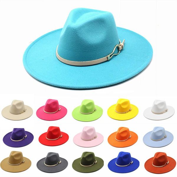 

wide brim hats winter women metal button belt fedora felt hat men wool jazz panama trilby cap trend gambler, Blue;gray