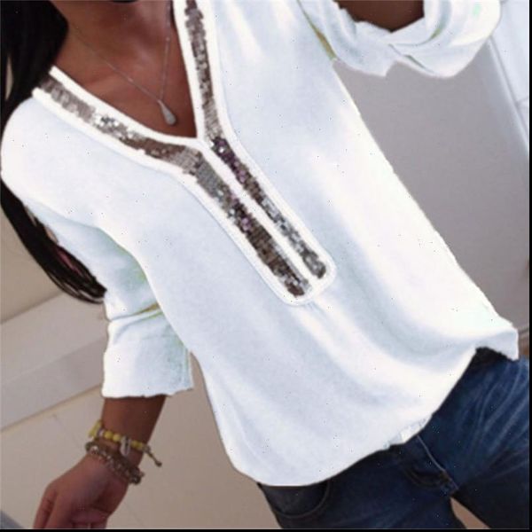 

new fashion plus size women v neck chiffon shirt blouse casual loose sequin shirts l 5xl drop shipping, White