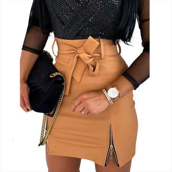 

high waist solid women skirt pu leather mini zipper bandage bodycon pencil office wear, Black