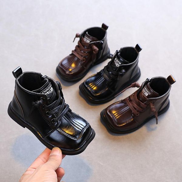 

athletic & outdoor autumn 2021 korean version of the square toe small middle-aged boys and girls boots short-leg leather shoes, Black