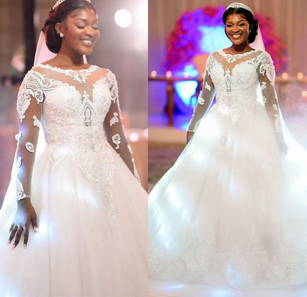 

2022 plus size arabic aso ebi sheer neck lace wedding dress beaded crystals long sleeves bridal gowns dresses zj257, White