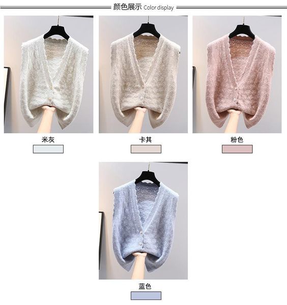 

women's vests v-neck crocheted knitted vest cardigan, Black;white