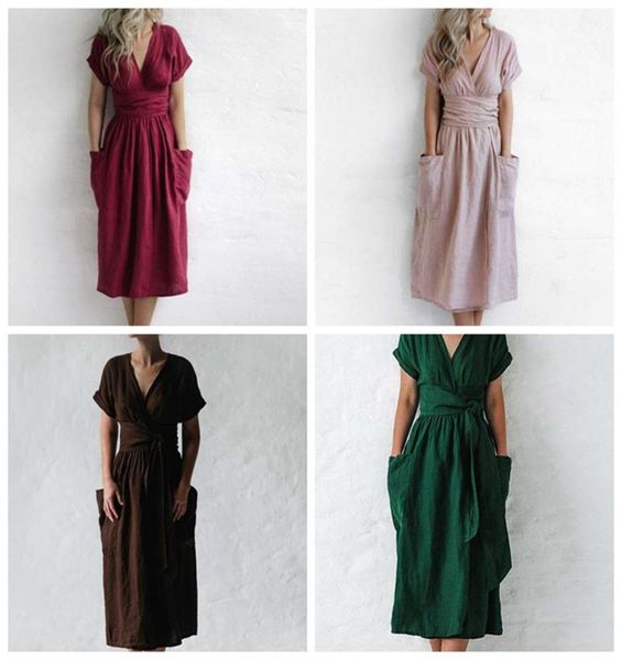 

v-neck short sleeve pocket cotton linen, White;black