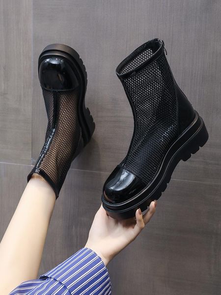 

boots women's leather shoes zipper round toe flat heel boots-women sandals ladies rock lolita autumn 2021 ankle high, Black