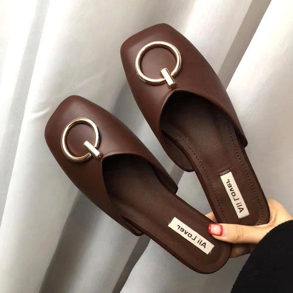 

slippers woman's loafers mules women female ladies luxury slides designer flat square basic rome pu rubber for, Black