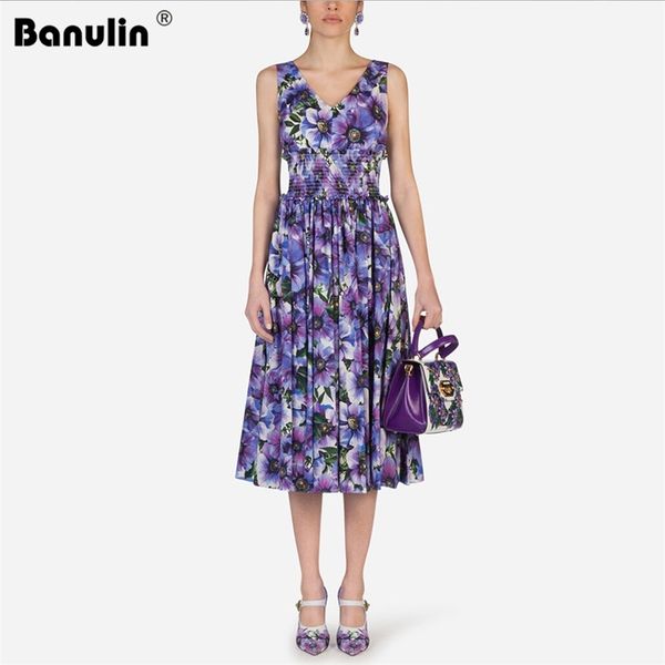 

banulin summer women fashion runway a-line dress v-neck elastic waist anemone floral print female midi dresses vestidos 210603, Black;gray