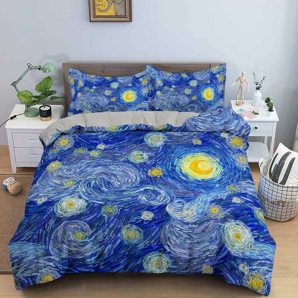 3D künstlerische Bettwäsche King Size Van Gogh Stil Himmel Ölgemälde Muster Bedruckter Bettbezug mit Kissenbezug Set 2/3PC 210615