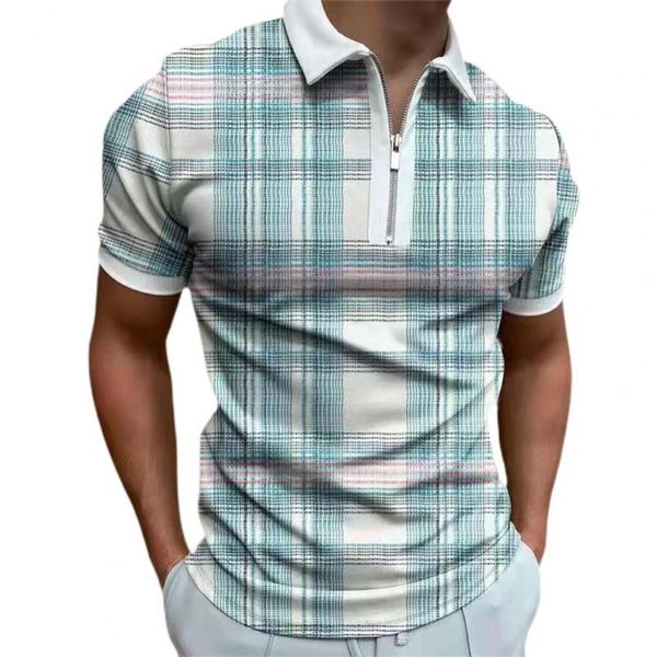 

men's polos summer men shirt casual turn-down collar male shirts plaid print thin zipper short sleeve top, White;black