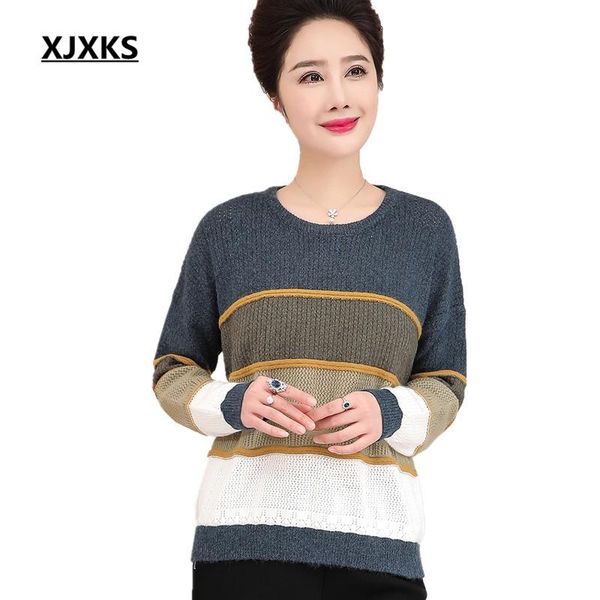 

women's sweaters xjxks fashion striped round neck long-sleeved women sweater 2021 autumn winter plus size cashmere pullover, White;black