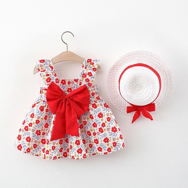 

girl's dresses baby girls beach princess dress cute bow flowers sleeveless summer toddler girl and sunhat born clothing set, Red;yellow