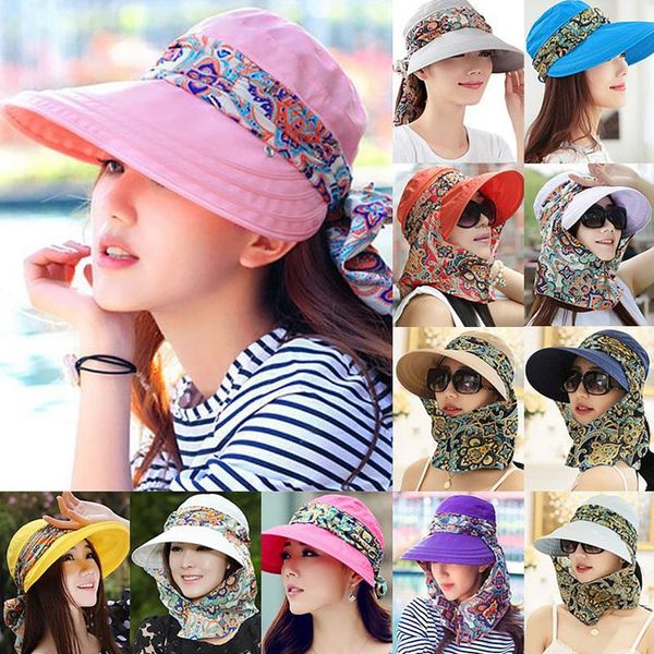 

wide brim hats women lady summer outdoor riding anti-uv sun hat beach foldable sunscreen floral print caps neck face, Blue;gray