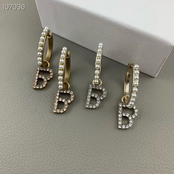 

vintage copper gold dangle earrings full white pearl big alphabet letter b charm drop brand designer jewelry for women, Silver