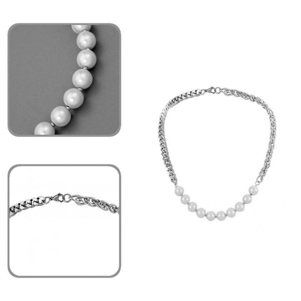 

chains exquisite cuban necklace punk style portable imitation pearl cool link chain men, Silver