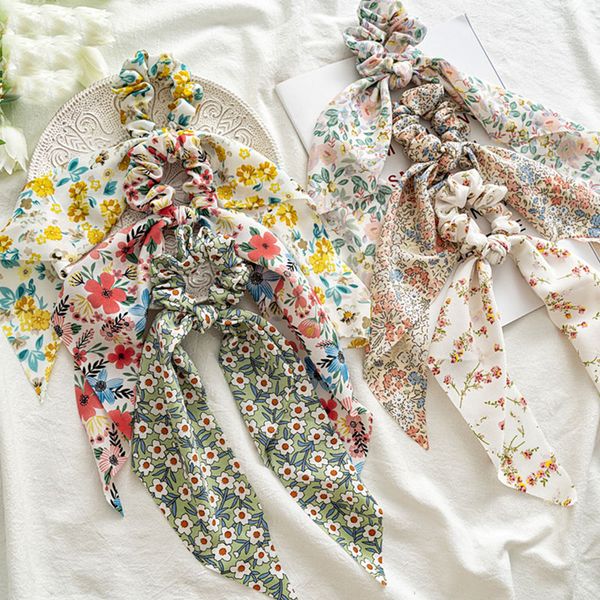 

korean bow long ribbon ponytail hair scrunchie chiffon floral print sweet elastic hairband headwear hair accessories, Slivery;white
