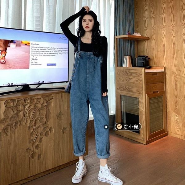 

women's jeans spring 2021 net red pants chic casual loose and versatile age reducing suspender women, Blue