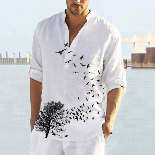 

men's casual shirts loose cotton and linen printed trend shirt cardigan long sleeve daily beach travel camisas de hombre, White;black