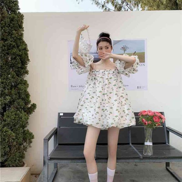 

casual dresses backless floral off the shoulder slip women summer 2021 cottagecore kawaii korean fashion puffy tulle gotu, Black;gray