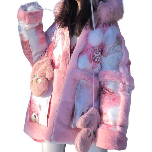 

winter 2021 new hooded padded coat hip hop candy bear thick parka streetwear harajuku punk rock jacket outwear pink jfhz, Black