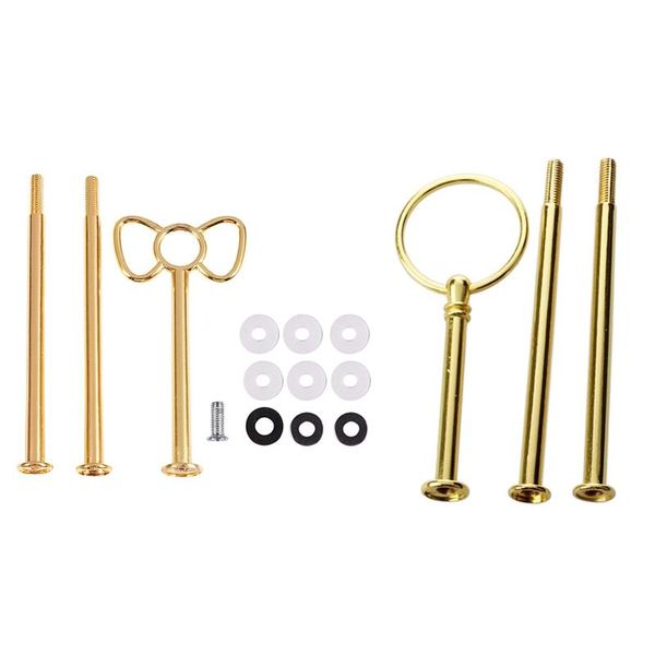

2 set wedding metal gold 3 tier cake stand center handle rods, ring & bowknot