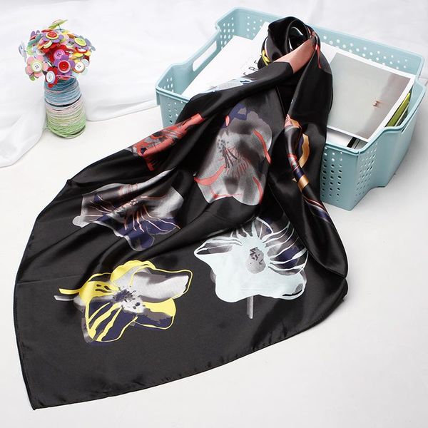 

scarves women neck scarf silk satin kerchief square shawls and wraps fashion print hijab scarfs female 90*90cm black for ladies, Blue;gray