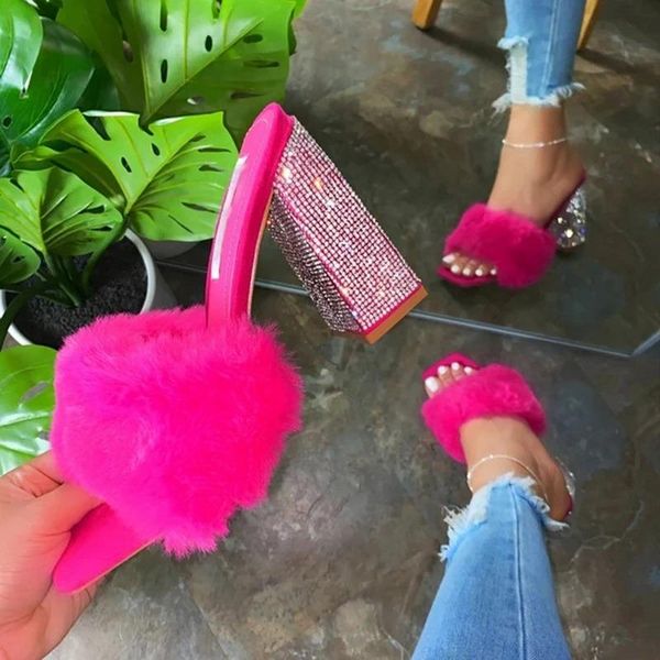 

fashion fluffy slides summer square toe furry slippers ladies sandals fashion design clear perspex heels women mules shoes, Black
