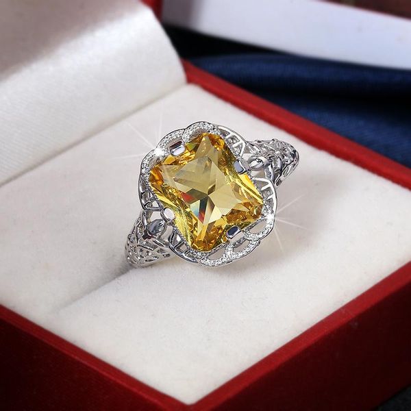 

cluster rings 2021 s925 square engagement ring champagne big zircon jwelry for women vintage goldyellow female gifts drop, Golden;silver