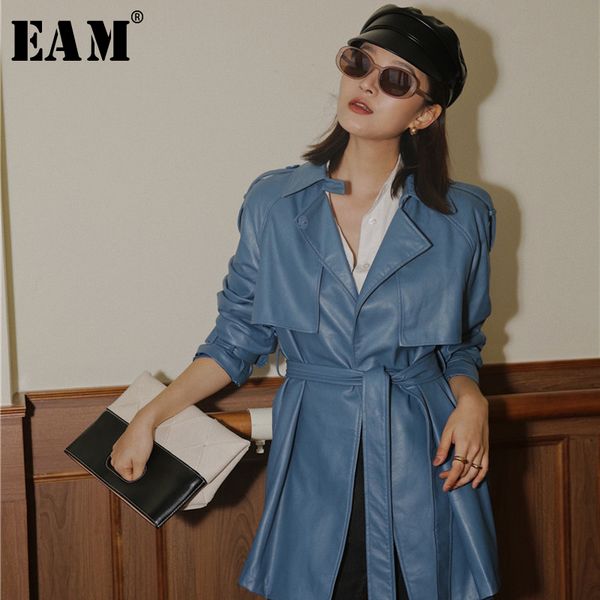 

eam] loose fit blue pu leather bandage big size jacket new lapel long sleeve women coat fashion tide spring autumn 1x4710 201013, Black;brown