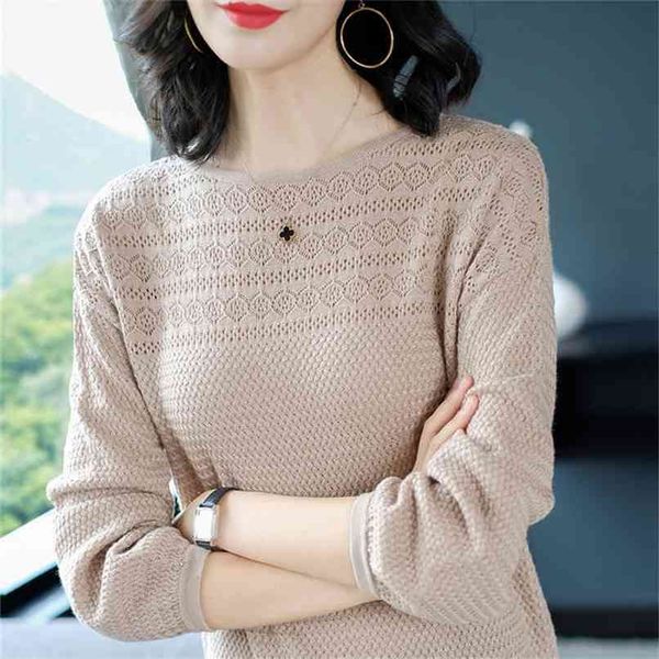 Maglia Occhiello Scava fuori O-Collo Autunno Pullover donna Manica lunga Maglione allentato femminile Inverno Cotone elegante Cammello Maglione 210914