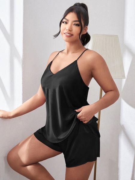 

plus solid satin pj set l1yw#, Black;white