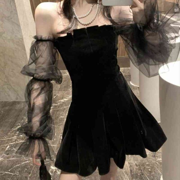 

gothic vintage women dress off shoulder lanter sleeve mesh patchwork velvet mini dark street black for female, Black;gray