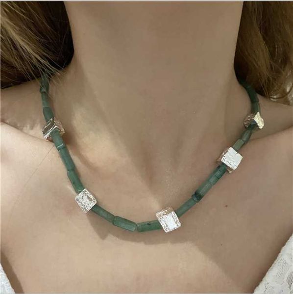 

chains ins cold retro mix and match style necklace female anti-jade texture green tourmaline stone clavicle chain, Silver