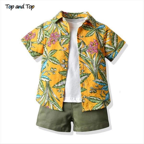 

and hawaiian style kids boys casual outfit short sleeve cotton printed shirt shorts children 3pcs suits for beach, White