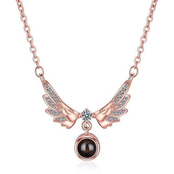 

s925 silver angel wing necklace female 100 languages projection pendant personality hip hop