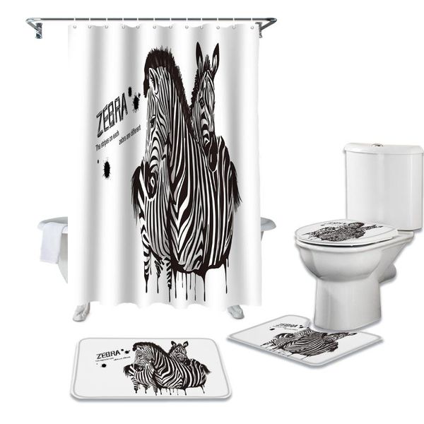 

shower curtains ink style zebra bathroom curtain set bath mat sets with hooks non-slip pedestal rug toilet cover
