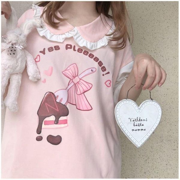 

japan lolita style short sleeve t-shirt women summer 2021 harajuku kawaii loose cartoon graphic tees schoolgirl young style, White