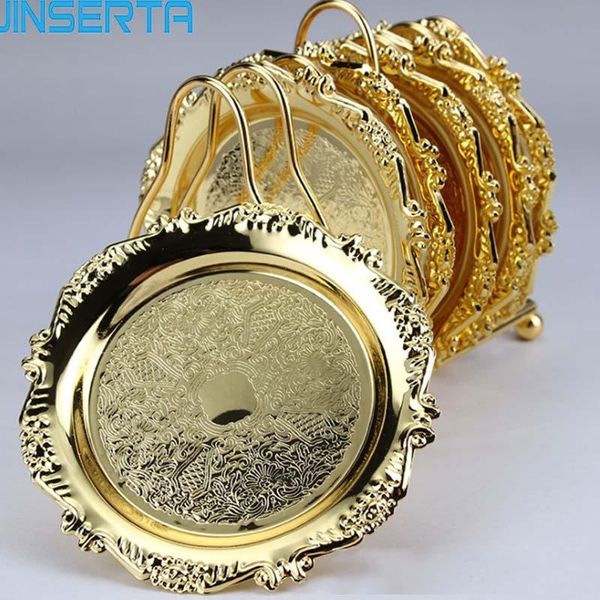 

kitchen storage & organization jinserta metal tray fruit salad dessert cake gold dinner plate dish dinnerware coffee tea cup anti- pad 2/4pc