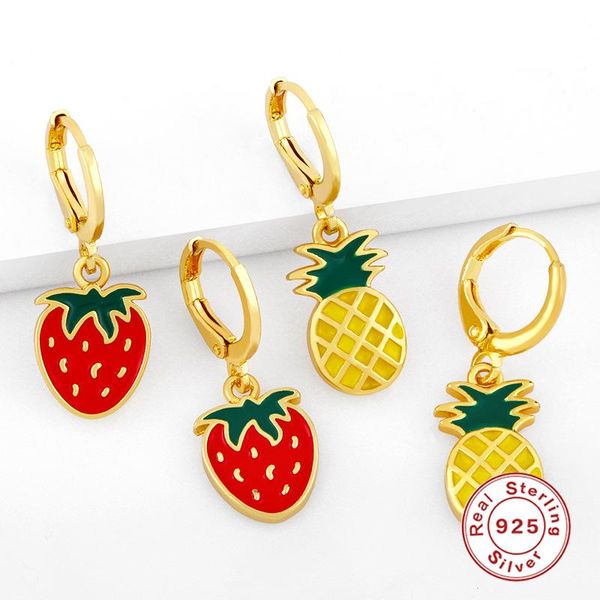 

hoop & huggie mc 925 sterling silver colorful cartoon fruit small earrings for women sweet watermelon/pineapple drop piercing, Golden;silver