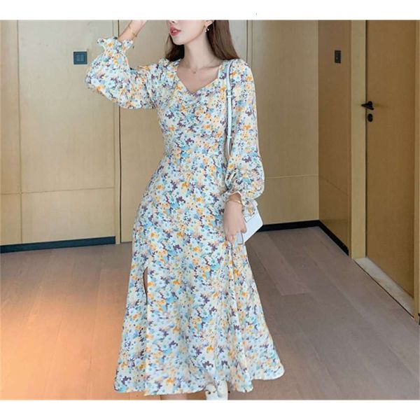 

autumn v-neck slit small floral chiffon ruffle long sleeve dress women, Black;gray