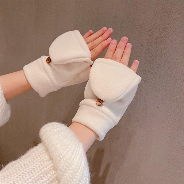 

sports gloves women winter keep warm thicken soft half finger clamshell solid simple cute lovely study work convenient mittens, Black