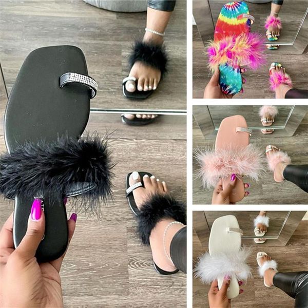 

slippers plus size set-toe women's flat fashion personality color matching plush vamp rhinestone decoration outerwear slides, Black