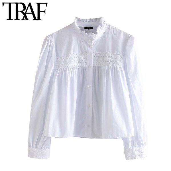 

traf women fashion with lace button-up cropped blouses vintage ruffled collar puff sleeve female shirts chic 210225, White