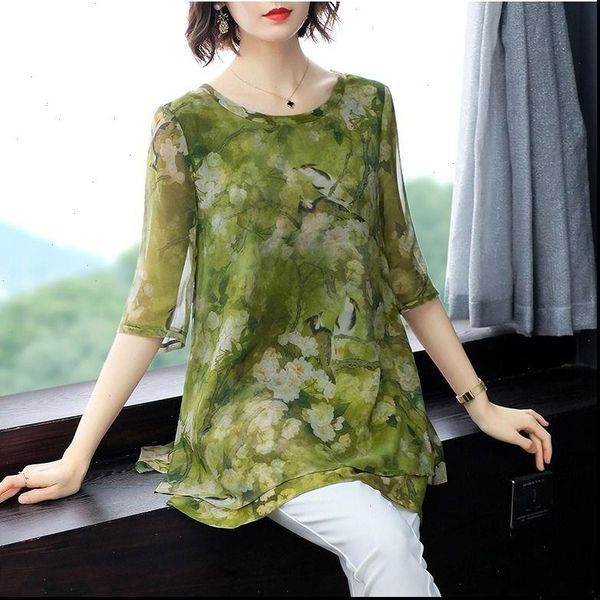 

2021 new summer middle aged women fashion short sleeve print blouse chiffon plus size 4xl shirt casual pullover w10, White