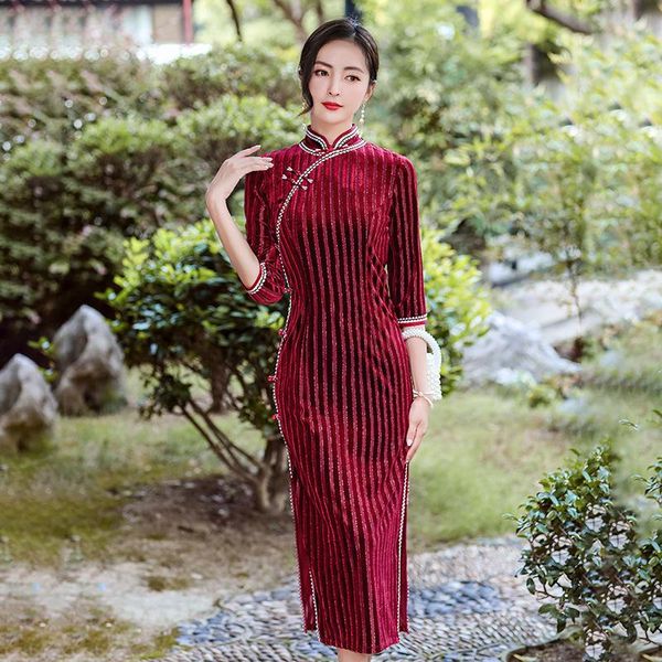 

ethnic clothing striped velour chinese red bridal wedding dress gown big size 4xl split qipao maxi cheongsams formal party vestidos