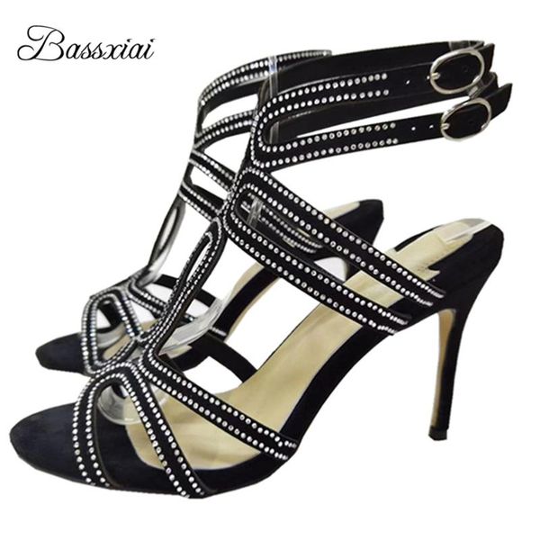 

sandals jeweled narrow band ankle strappy women stiletto heel multicolor fretwork open toe summer sandalias for girls, Black