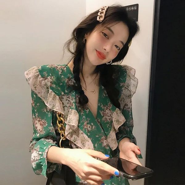 

women's blouses & shirts women spring autumn casual floral green vintage v-neck woman ruffles chiffon long sleeve female, White