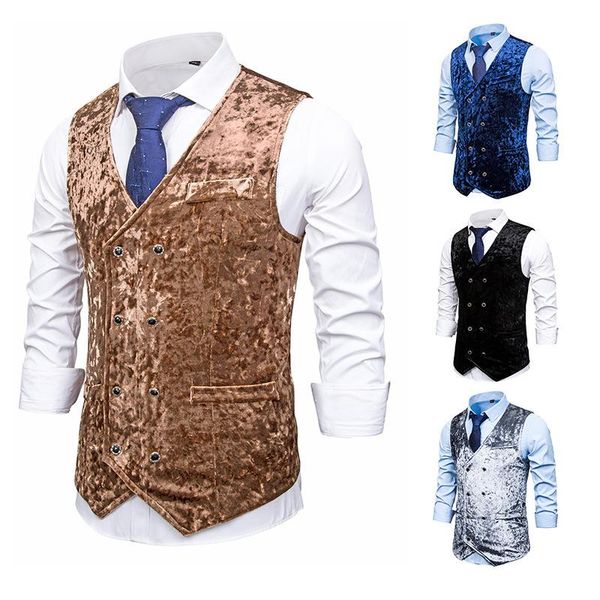 

men's vests double breasted velvet suit vest formal dress colete masculino v-neck collar casual style wedding party waistcoat, Black;white