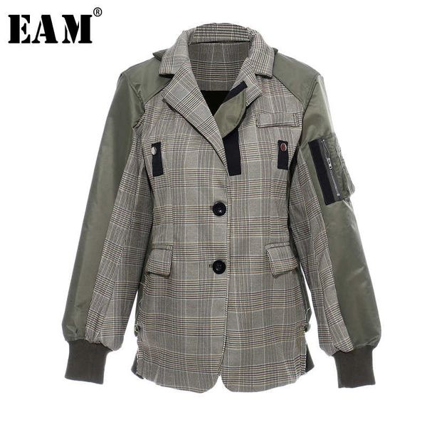 

eam] loose fit army green plaid stitch big size jacket new lapel long sleeve women coat fashion tide spring autumn 1d636 201013, Black;brown